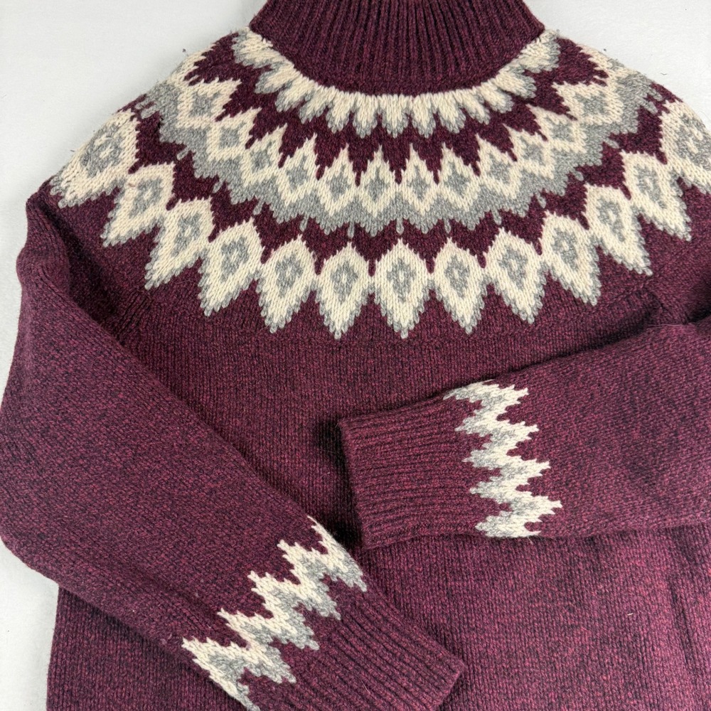 LL Bean Lambs Wool Knit Cardigan Sweater Zip Fair Isle Burgundy Size XL - Picture 6 of 9